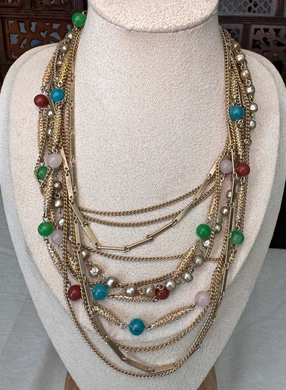 Vintage unsigned Trifari inspired Multi-Strand Necklace w/ Colorful Beads/Pearls